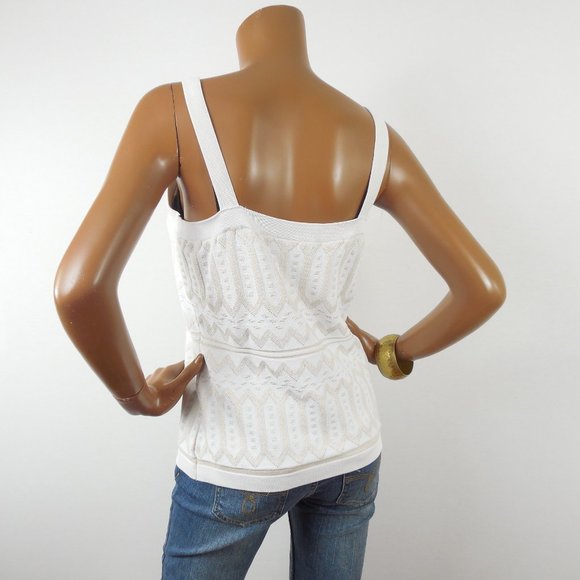 WHITE HOUSE BLACK MARKET Top L Stretch Knit Tank Shirt Ivory/Tan Sleeveless - Picture 7 of 10